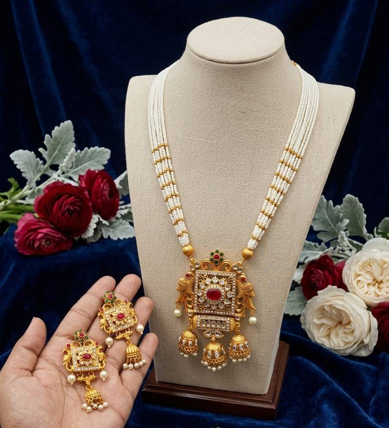 elegant white pearl and gold kundan necklace set