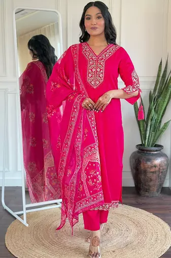 Pink bsy viscose kurti pent dupatta set