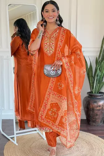 Orange bsy viscose kurti pent dupatta set