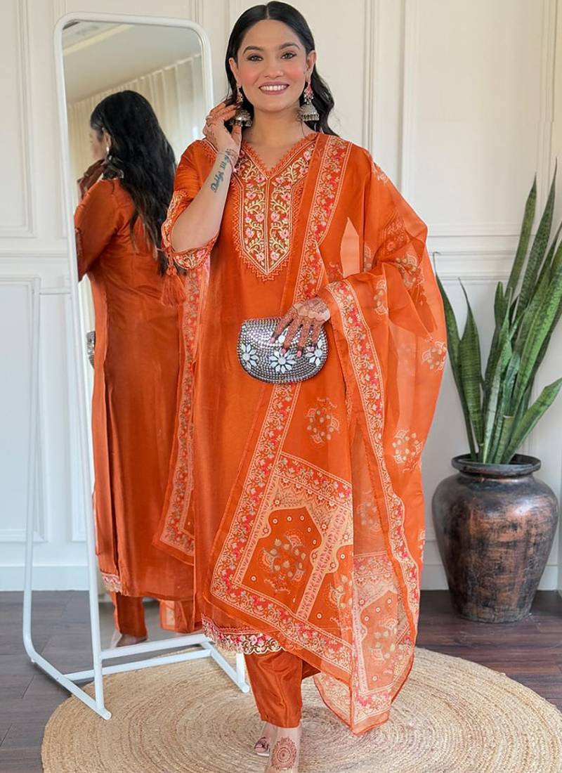Orange bsy viscose kurti pant dupatta set