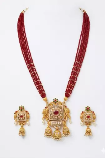 elegant red pearl and gold kundan necklace set