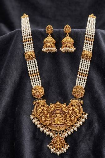 antique gold-plated lakshmi temple necklace set with jhumkas