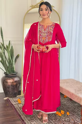 Red vichitra silk kurti pent dupatta set