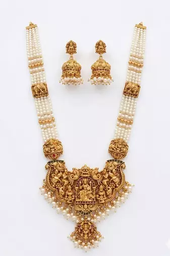 antique gold-plated lakshmi temple necklace set with jhumkas
