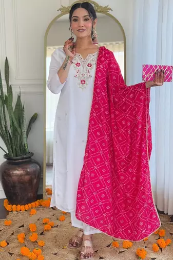 White bsy viscose kurti pent dupatta set