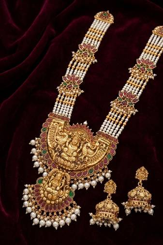handcrafted gold-plated pearl temple necklace set with jhumkas