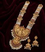 handcrafted gold-plated pearl temple necklace set with jhumkas