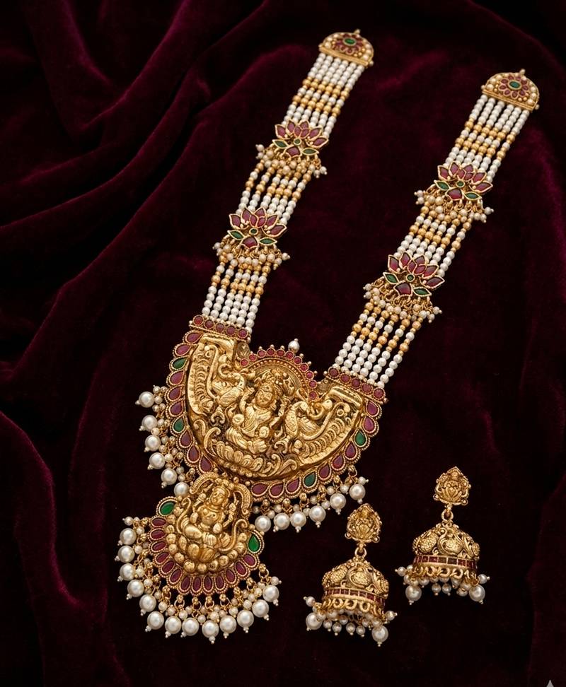 handcrafted gold-plated pearl temple necklace set with jhumkas