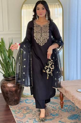 Black viscose silk kurti pant dupatta set