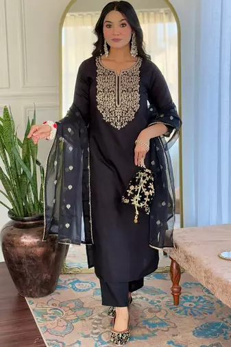 Black viscose silk kurti pent dupatta set