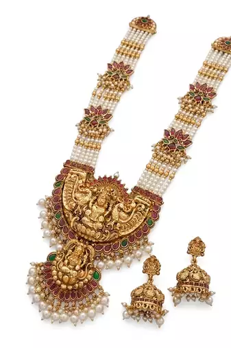 handcrafted gold-plated pearl temple necklace set with jhumkas