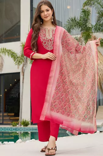 Red rayon slub kurti pent dupatta set