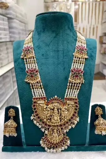 handcrafted gold-plated pearl temple necklace set with jhumkas