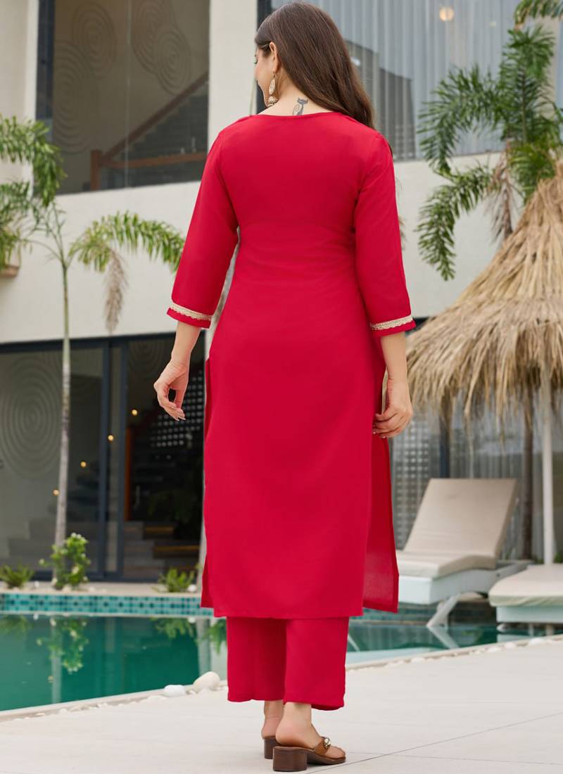 Red rayon slub kurti pent dupatta set