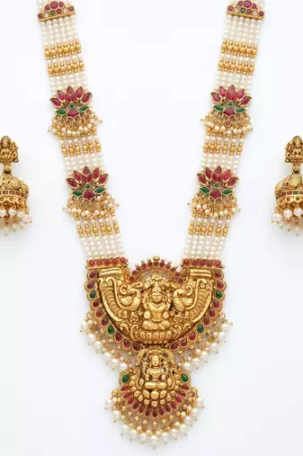 handcrafted gold-plated pearl temple necklace set with jhumkas