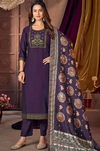 Purple vertican silk kurti pent dupatta set