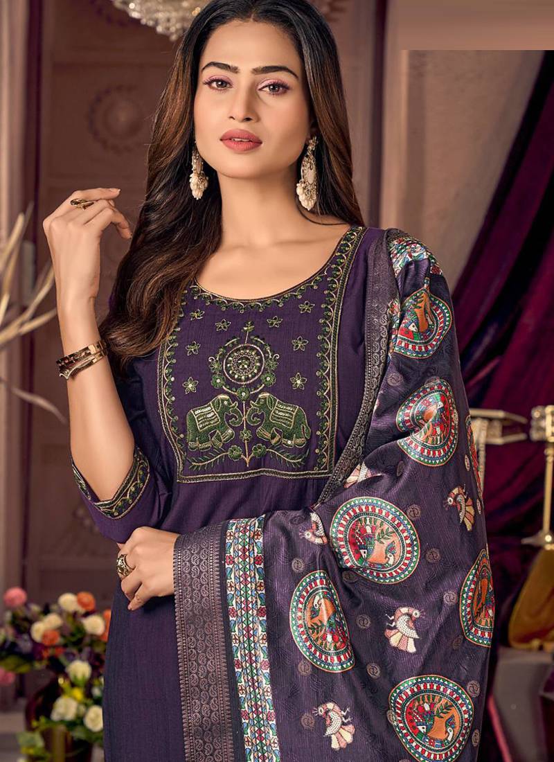 Purple vertican silk kurti pent dupatta set