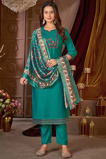 Turquoise vertican silk kurti pent dupatta set