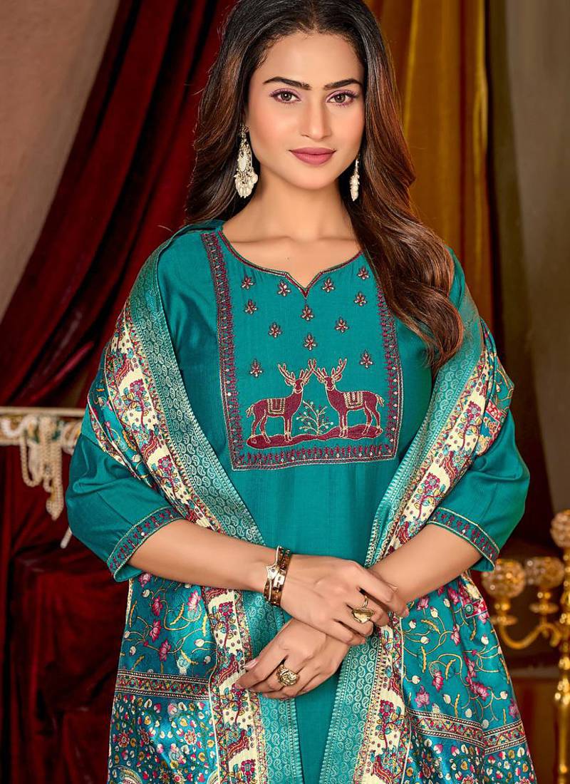 Turquoise vertican silk kurti pent dupatta set