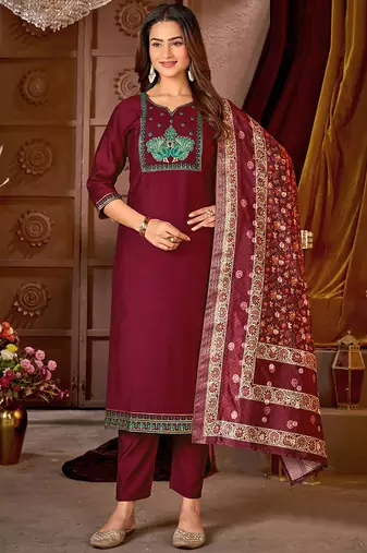 Maroon vertican silk kurti pent dupatta set
