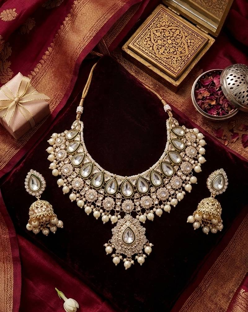 gold-plated kundan and pearl choker set with earrings
