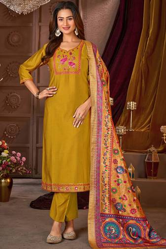 Mustard vertican silk kurti pent dupatta set