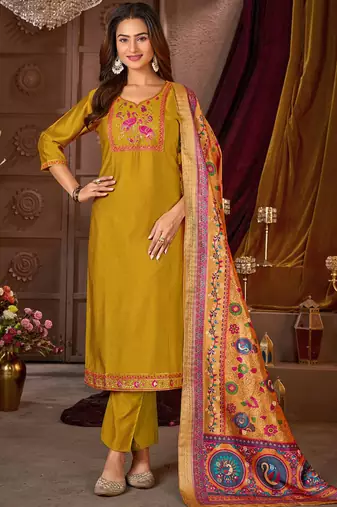 Mustard vertican silk kurti pent dupatta set