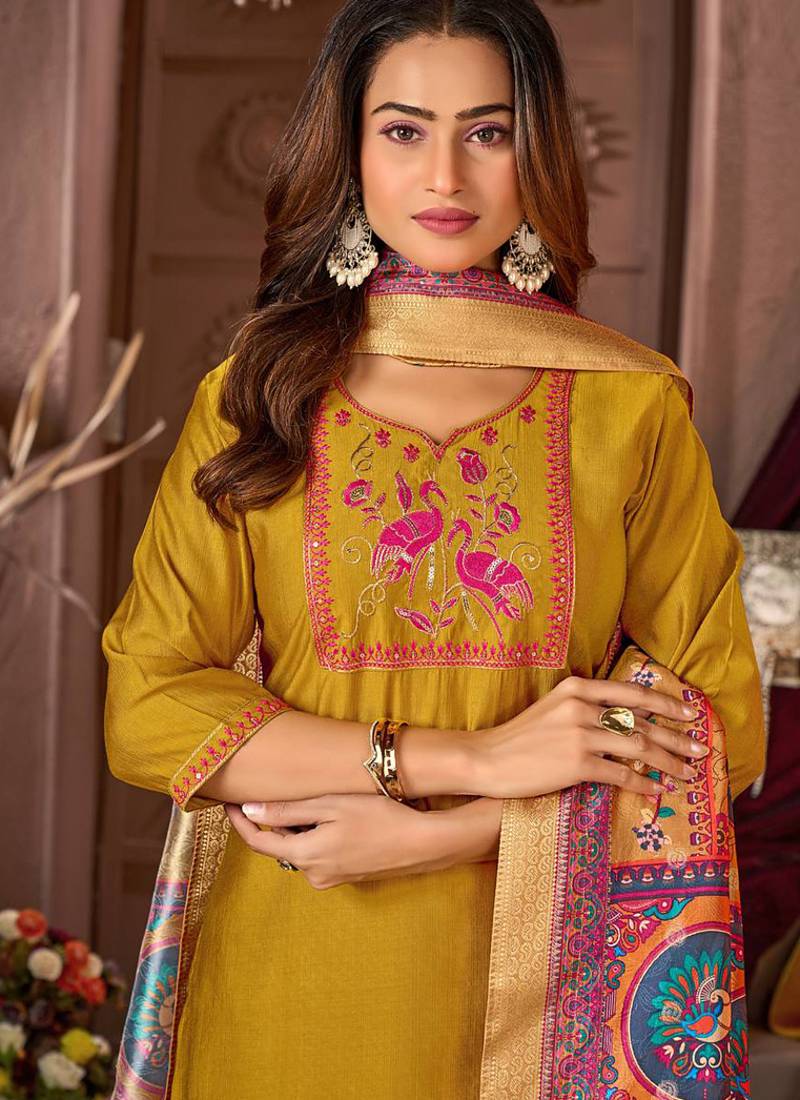 Mustard vertican silk kurti pent dupatta set