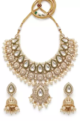 gold-plated kundan and pearl choker set with earrings