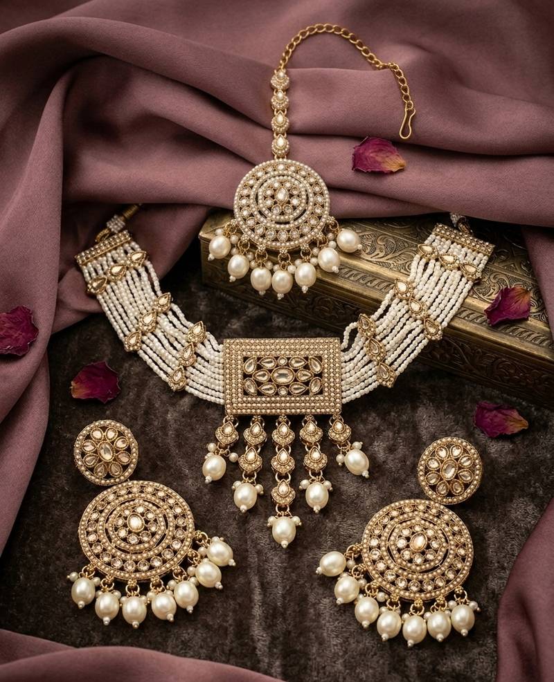 traditional gold-plated pearl choker jewellery set