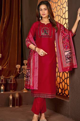 Red vertican silk kurti pent dupatta set