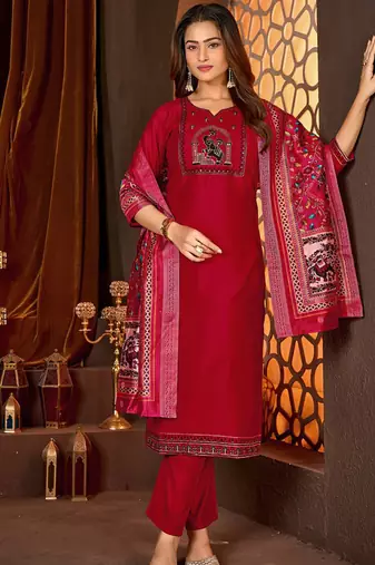Red vertican silk kurti pent dupatta set
