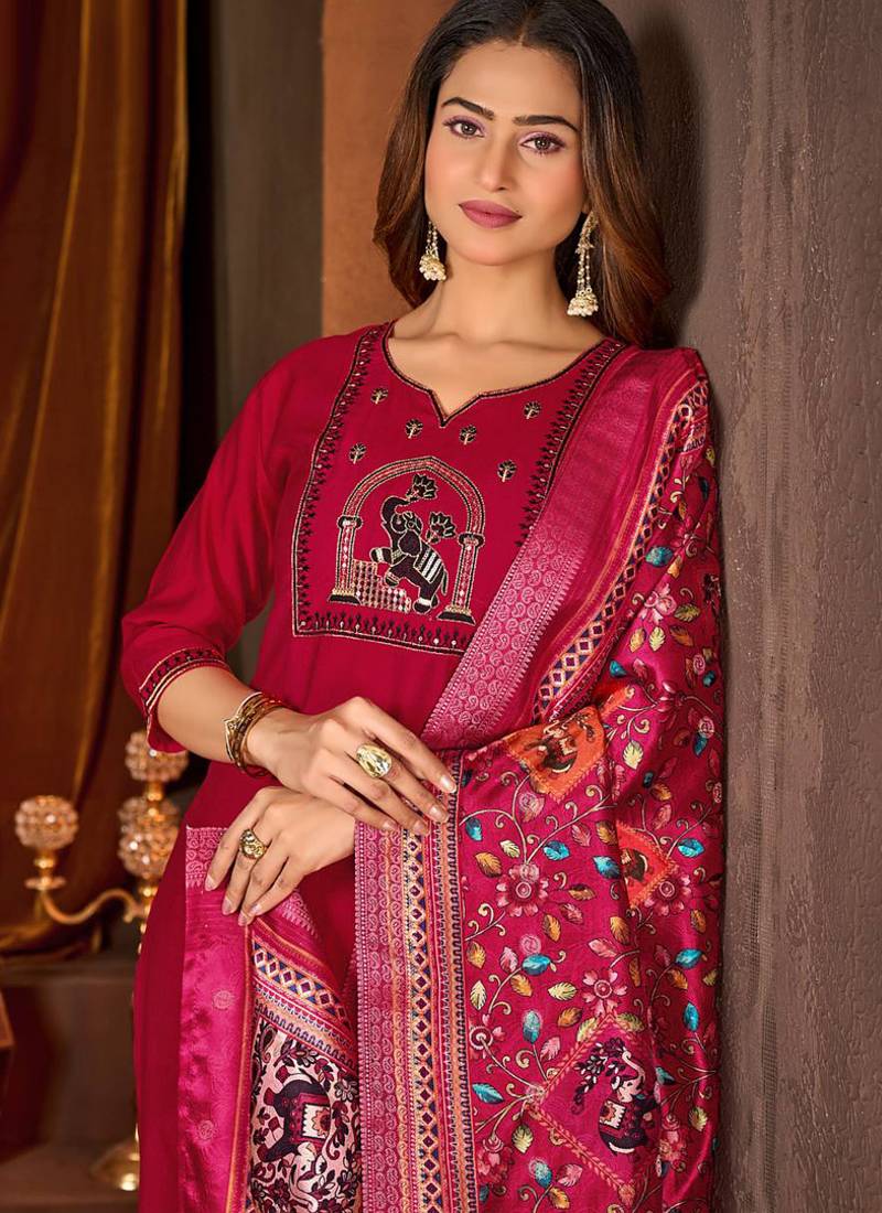 Red vertican silk kurti pent dupatta set