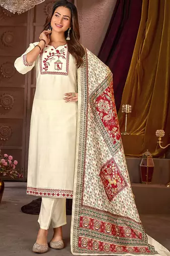 White vertican silk kurti pent dupatta set