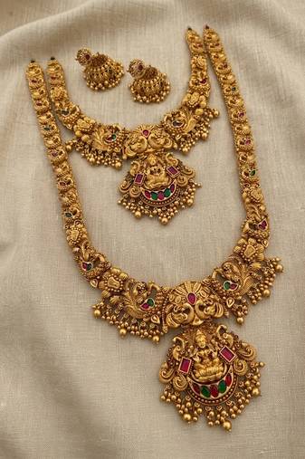 handcrafted lakshmi temple jewellery set with jhumkas