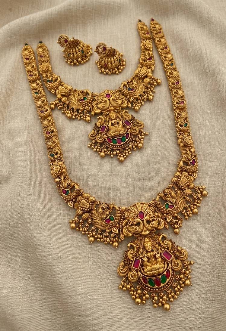 handcrafted lakshmi temple jewellery set with jhumkas