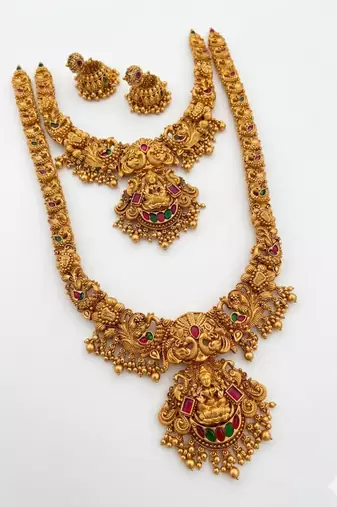 handcrafted lakshmi temple jewellery set with jhumkas