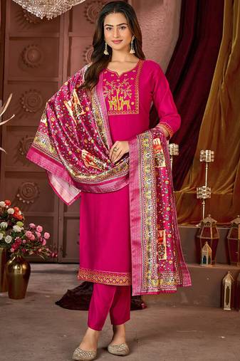 Pink vertican silk kurti pant dupatta set