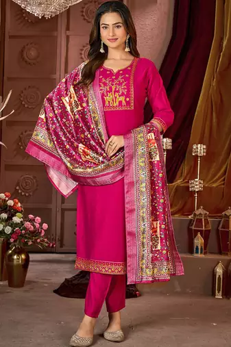 Pink vertican silk kurti pent dupatta set