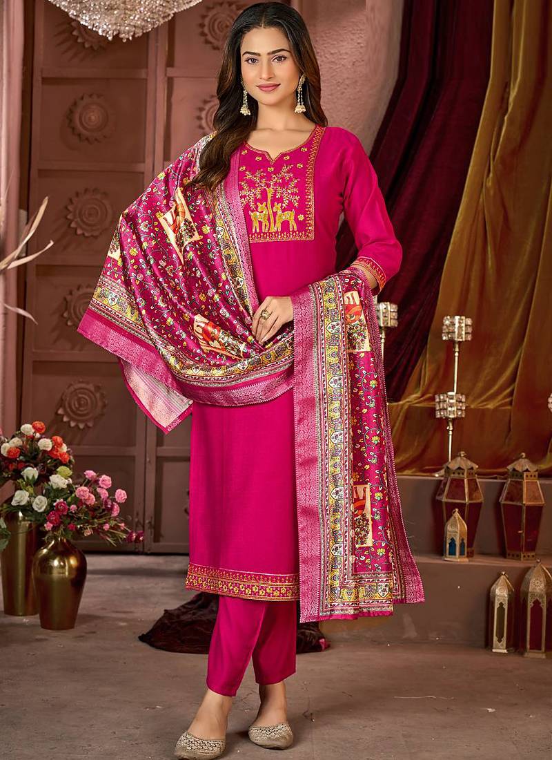 Pink vertican silk kurti pent dupatta set