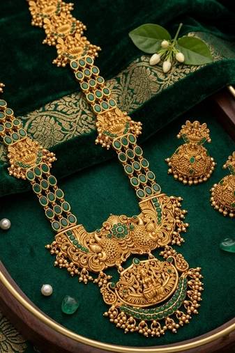 stunning gold-plated emerald temple haram jewellery set