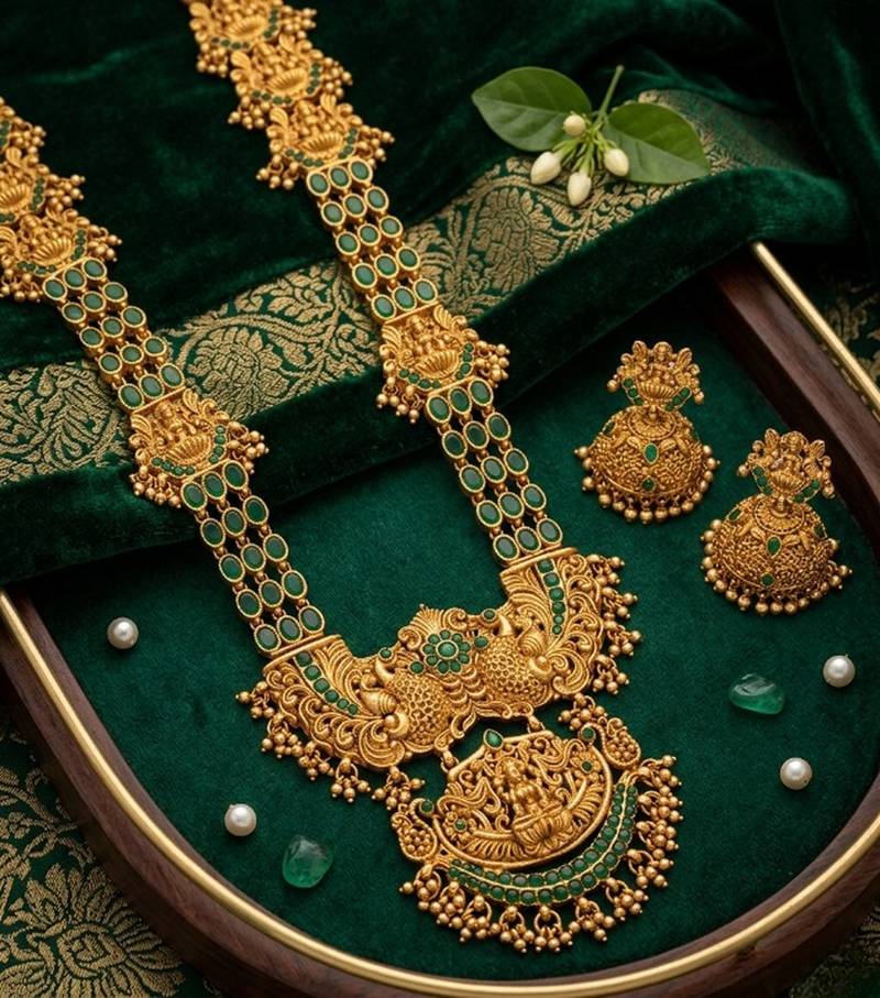 stunning gold-plated emerald temple haram jewellery set
