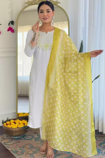 White viscose silk kurti pent dupatta set