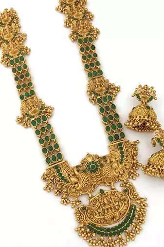 stunning gold-plated emerald temple haram jewellery set