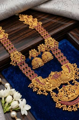 traditional gold-plated temple haram jewellery set
