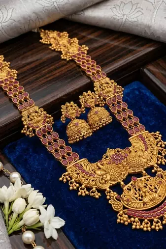 traditional gold-plated temple haram jewellery set