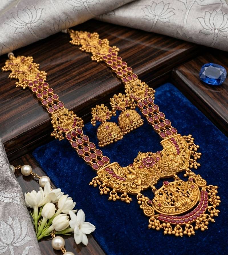 traditional gold-plated temple haram jewellery set