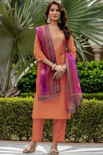 Orange rayon kurti pent dupatta set