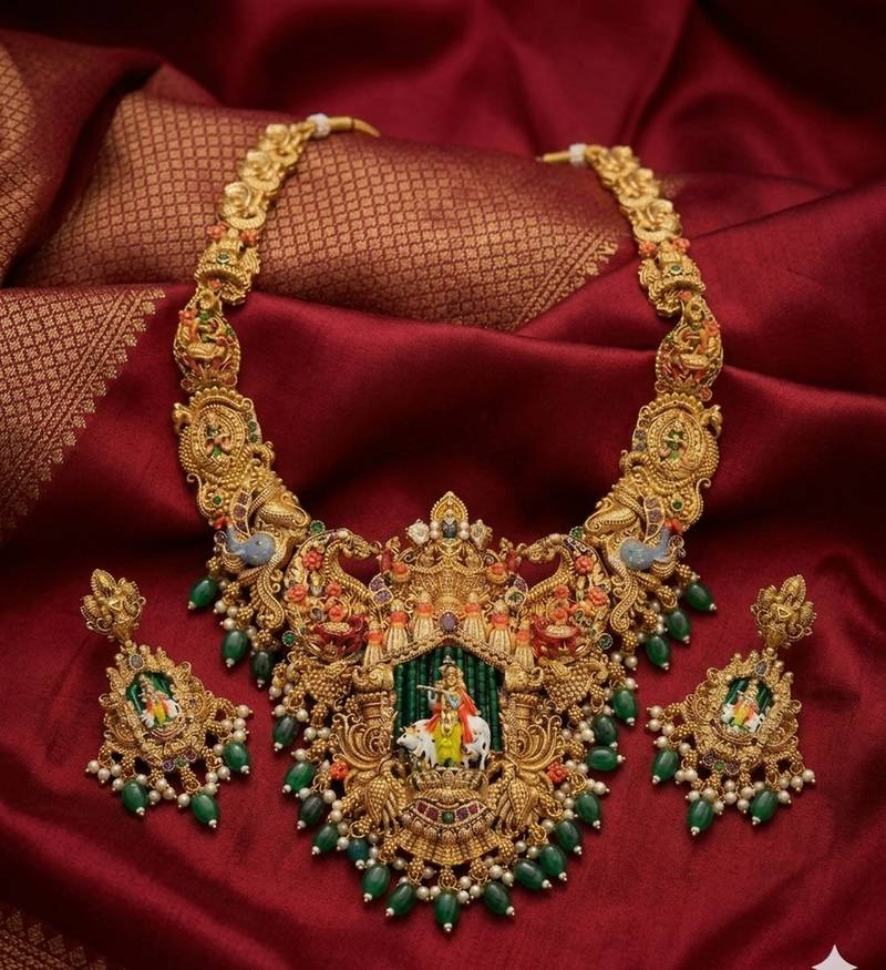 exquisite krishna temple gold-plated bridal jewellery set