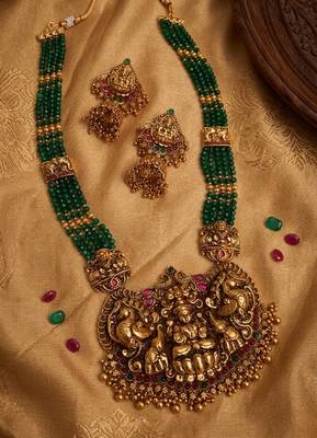 handcrafted green beaded temple jewellery set with jhumkas 1